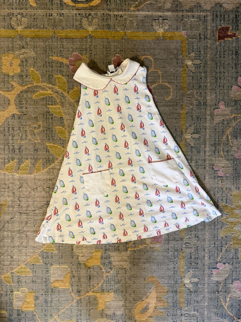 Girls Small White Pima Cotton Collared Dress with Nautical Sailboat print